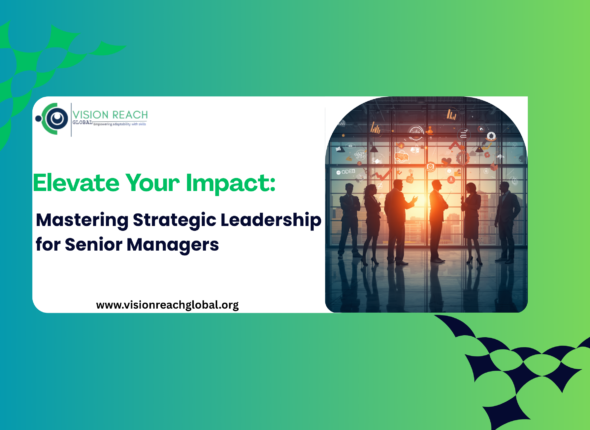 Silhouettes of business professionals in a modern office setting, with overlaid graphics representing data and ideas, under the title "Elevate Your Impact: Mastering Strategic Leadership for Senior Managers."