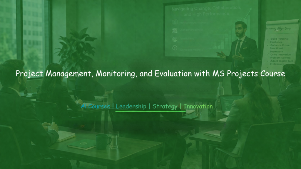 Corporate training session with professionals learning project management, monitoring, and evaluation concepts integrated with MS Project tools and methodologies.