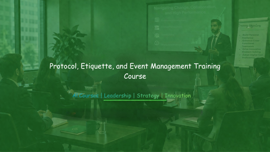 Corporate professionals attending a Protocol, Etiquette, and Event Management Training session in a modern boardroom while a facilitator delivers a presentation on leadership, communication, and workplace professionalism.