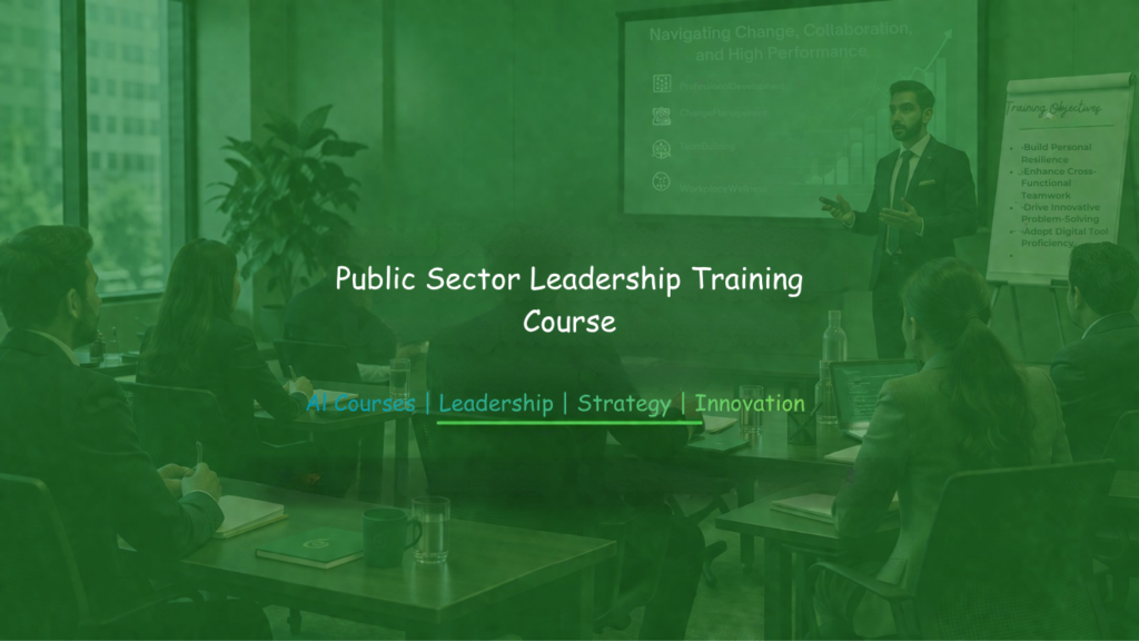 Public sector professionals attending a leadership training workshop with a facilitator presenting governance and performance strategies in a modern conference room.