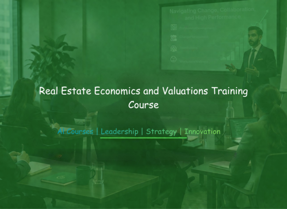 Real estate economics and valuation training session with professionals attending a presentation in a modern corporate classroom setting.