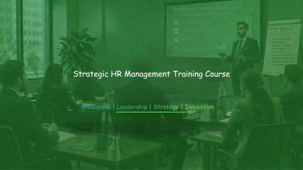 A professional training session in a modern boardroom where participants attend a Strategic HR Management Training course presentation. A facilitator stands beside a presentation screen and flip chart while attendees engage in leadership, strategy, innovation, and AI-focused HR learning discussions.