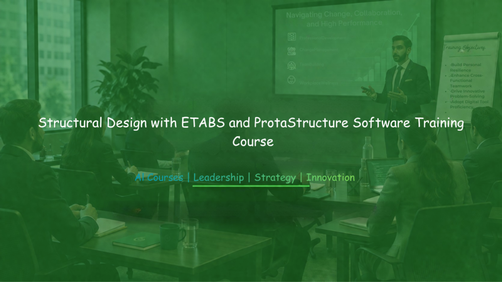 A green-tinted corporate training session showing a presenter speaking to professionals in a meeting room, with a projected slide titled “Structural Design with ETABS and ProtaStructure Software Training Course.”