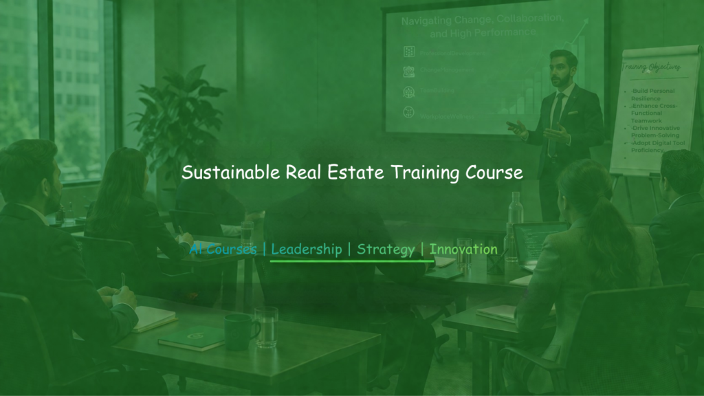 Professional sustainable real estate training session featuring participants in a modern conference room with sustainability-focused course branding.