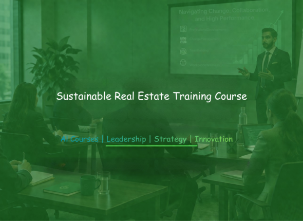 Professional sustainable real estate training session featuring participants in a modern conference room with sustainability-focused course branding.