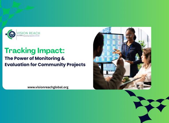 Promotional banner for a community development training titled “Tracking Impact: The Power of Monitoring & Evaluation for Community Projects,” featuring a facilitator presenting data analytics to a team in a modern meeting setting.