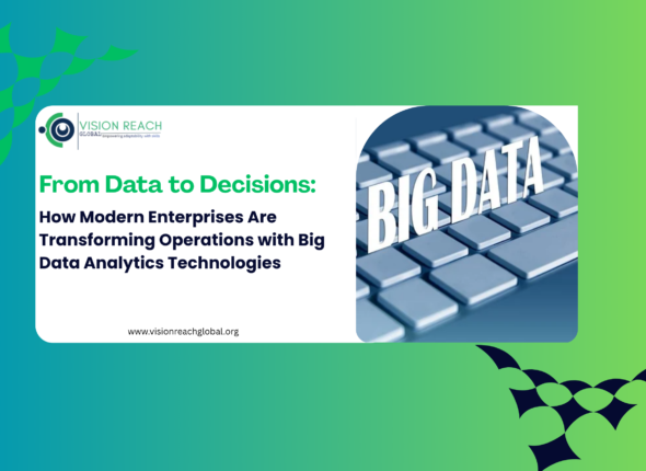 A corporate-themed promotional graphic with a blue-to-green gradient background featuring the headline “From Data to Decisions: How Modern Enterprises Are Transforming Operations with Big Data Analytics Technologies.” The design includes the Vision Reach Global logo on the left and a large “BIG DATA” keyboard image on the right, symbolizing digital transformation, data analytics, and technology-driven decision-making in modern enterprises.