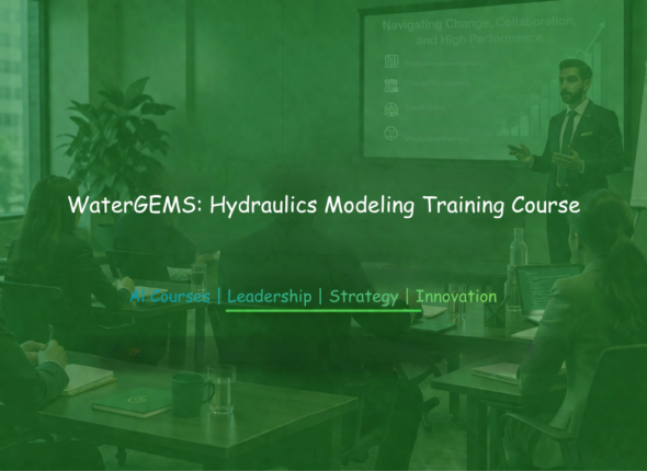 Professionals attending a WaterGEMS Hydraulics Modeling Training session while a facilitator presents hydraulic modeling and water distribution concepts in a modern corporate classroom.