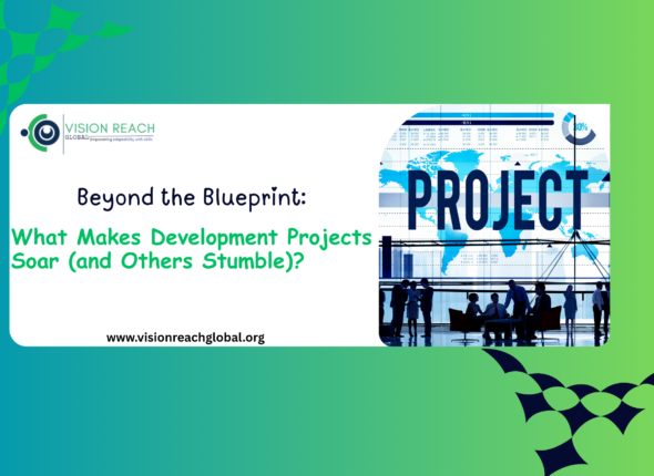 Promotional graphic for a development projects discussion featuring the title “Beyond the Blueprint: What Makes Development Projects Soar (and Others Stumble)?” alongside a large project-themed visual with global business imagery, charts, and professionals collaborating in a modern corporate environment.