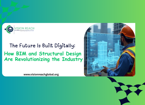 Construction professional wearing a safety helmet and reflective vest reviews a digital Building Information Modeling (BIM) and structural design visualization on a transparent screen. The image highlights advanced 3D building models, smart construction technology, and data-driven design processes that are transforming the architecture, engineering, and construction industry.