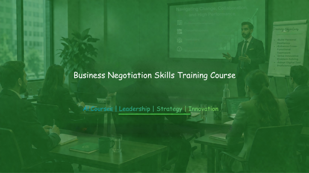 Corporate professionals attending a business negotiation skills training session in a conference room.