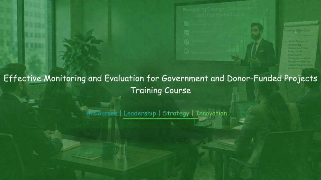 Government and development professionals attending a monitoring and evaluation training session.