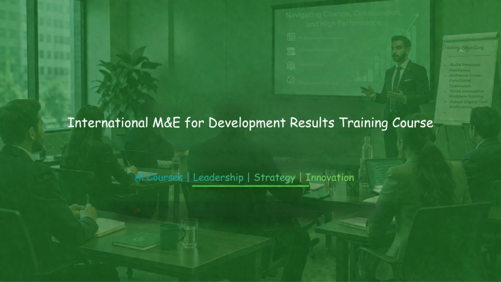 Training workshop banner displaying “International M&E for Development Results Training Course” in a professional classroom setting.