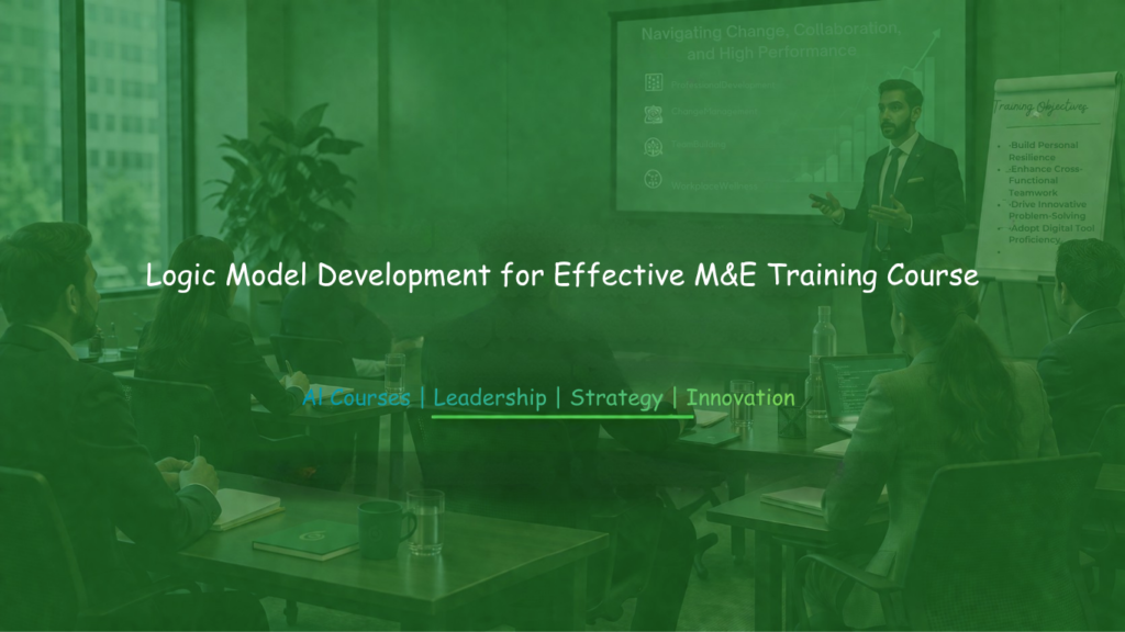 Training workshop banner displaying “Logic Model Development for Effective M&E Training” in a classroom setting.