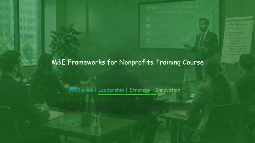 Training workshop banner displaying “M&E Frameworks for Nonprofits Training” in a professional learning environment.