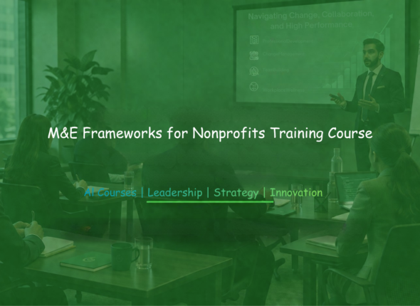 Training workshop banner displaying “M&E Frameworks for Nonprofits Training” in a professional learning environment.