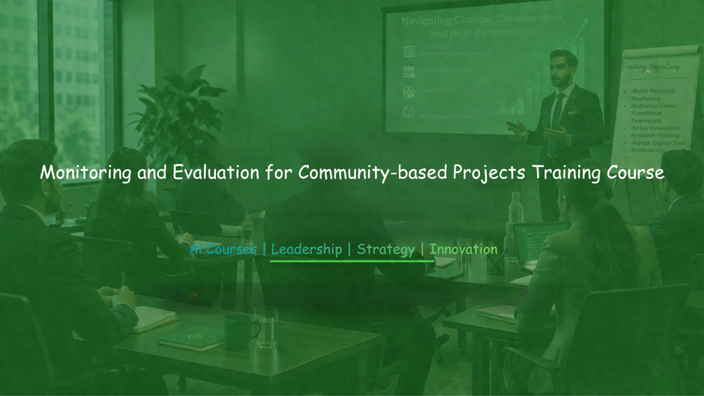 Training workshop banner displaying “Monitoring and Evaluation for Community-based Projects Training” in a professional classroom.