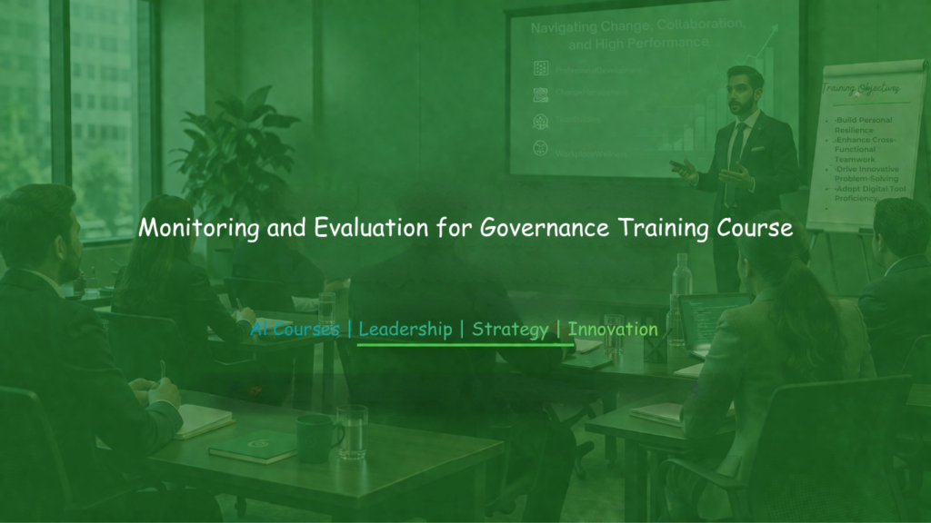 Training workshop banner displaying “Monitoring and Evaluation for Governance Training” during a professional seminar.