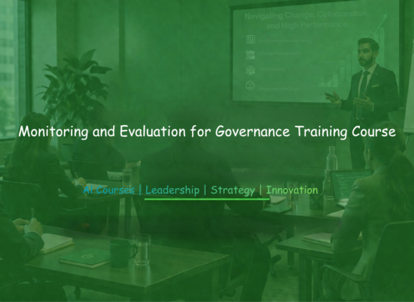 Training workshop banner displaying “Monitoring and Evaluation for Governance Training” during a professional seminar.