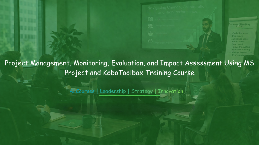 A professional trainer delivers a presentation on project management, monitoring, evaluation, and impact assessment to a group of participants in a corporate training setting, with course branding highlighting the use of MS Project and KoboToolbox.