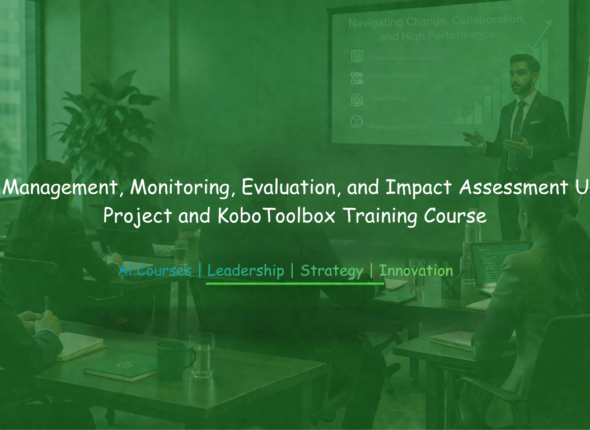A professional trainer delivers a presentation on project management, monitoring, evaluation, and impact assessment to a group of participants in a corporate training setting, with course branding highlighting the use of MS Project and KoboToolbox.