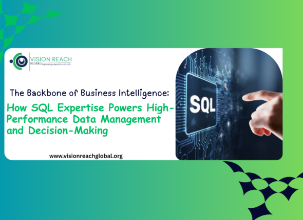 Promotional graphic for an SQL training and business intelligence topic, featuring a digital SQL interface on a computer chip with a hand pointing toward it. The image highlights how SQL supports data management, analytics, and informed business decision-making.