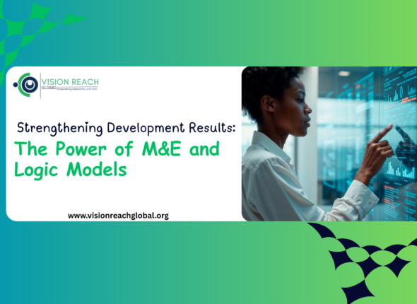 Professional monitoring and evaluation specialist reviewing digital performance dashboards and analytics data for development results and logic model planning.